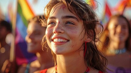 Ultra-realistic image of teens with rainbow flags, showing happiness and diversity during Pride Month
