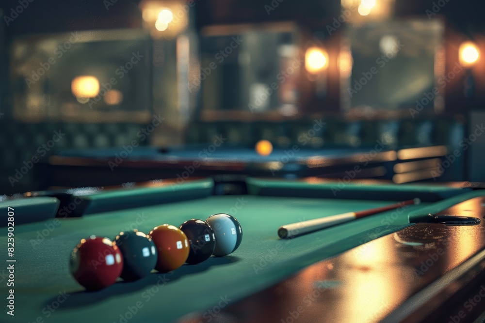 Aufkleber A pool table with various colored balls and cues. Suitable for sports and recreation concepts