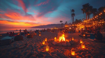 Group of People by Beach Fire Pit