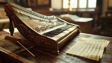 An intricately detailed musical instrument displayed in a music classroom with sheet music around. 8k, realistic, full ultra HD, high resolution and cinematic photography - Powered by Adobe