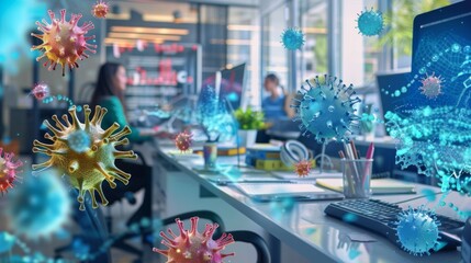 A computer monitor shows a virus on a desk with a woman sitting at the desk