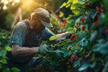 A man harvesting berries from a tree. Suitable for food and agriculture concepts