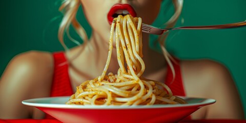 woman eating pasta on red tablecloth isolated over green background. Delicious taste. Vintage, ...