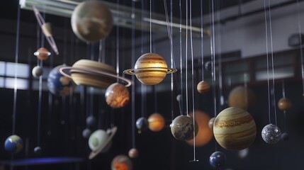 An intricate model of the solar system suspended from the ceiling in a classroom. 8k, realistic, full ultra HD, high resolution and cinematic photography