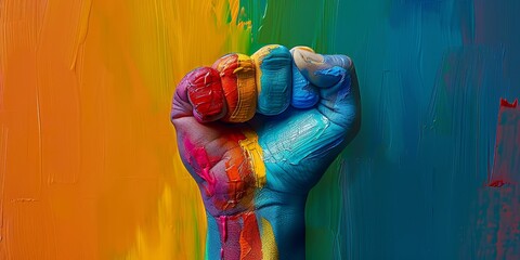 A raised fist painted with the pride rainbow on a colored background