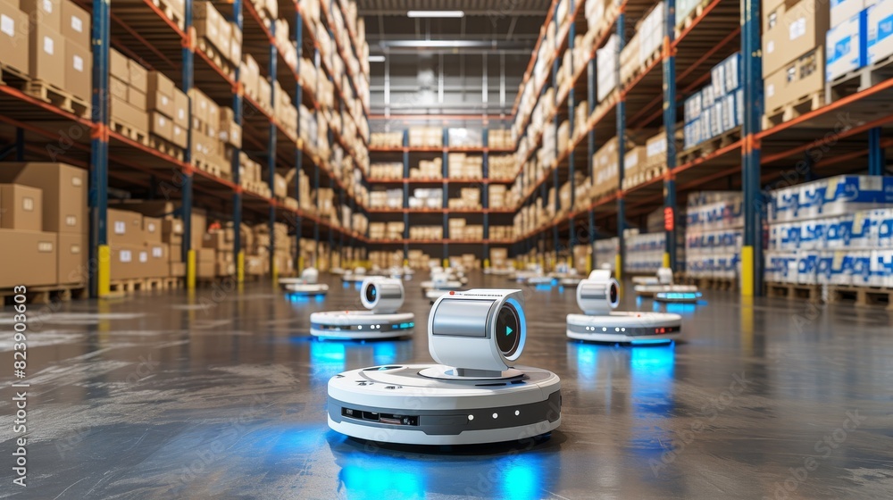 Poster multiple robotic units equipped with ai navigation systems operating efficiently in a vast warehouse