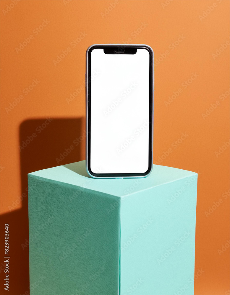 Poster Mobile phone on cube podium for display of app - Mockup