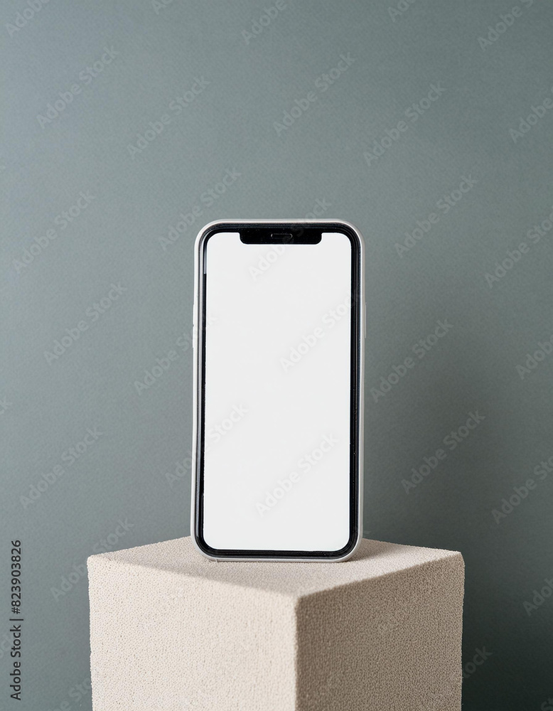 Poster Mobile phone on cube podium for display of app - Mockup
