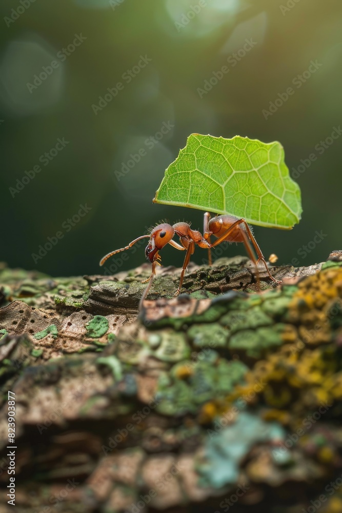 Wall mural An ant carrying a leaf on top of a tree. Suitable for educational materials