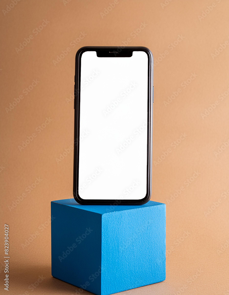 Poster Mobile phone on cube podium for display of app - Mockup