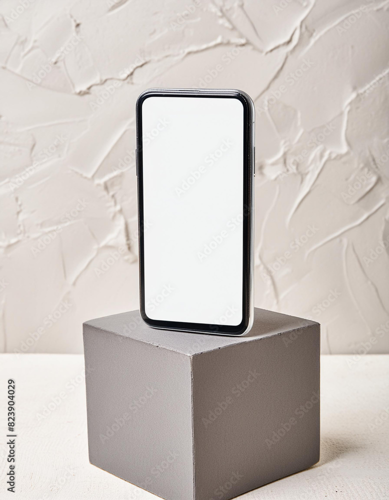 Poster Mobile phone on cube podium for display of app - Mockup