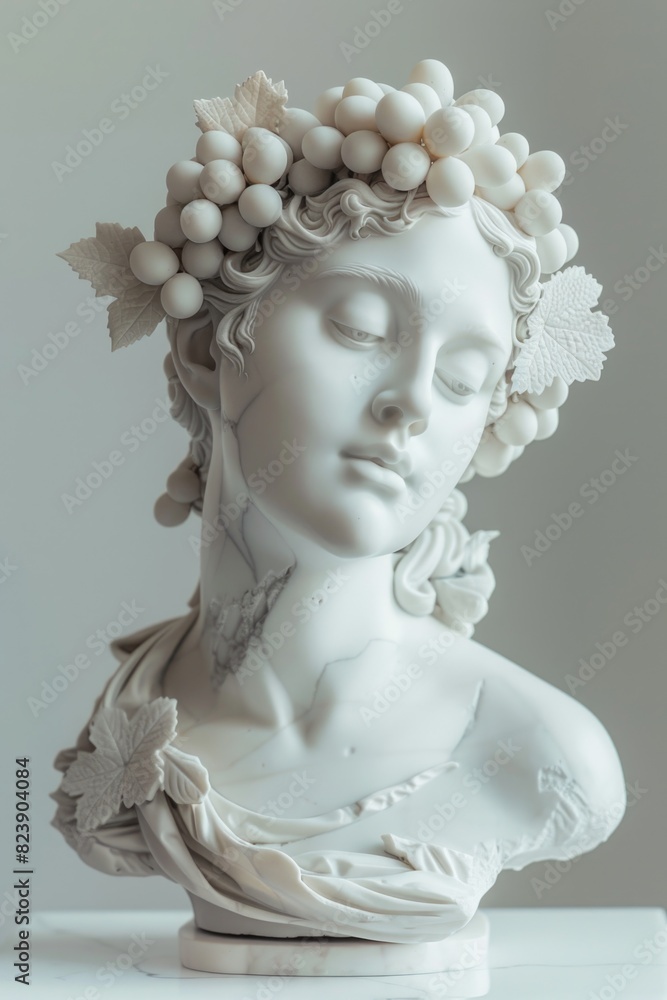 Poster a statue of a woman with grapes on her head. suitable for various design projects