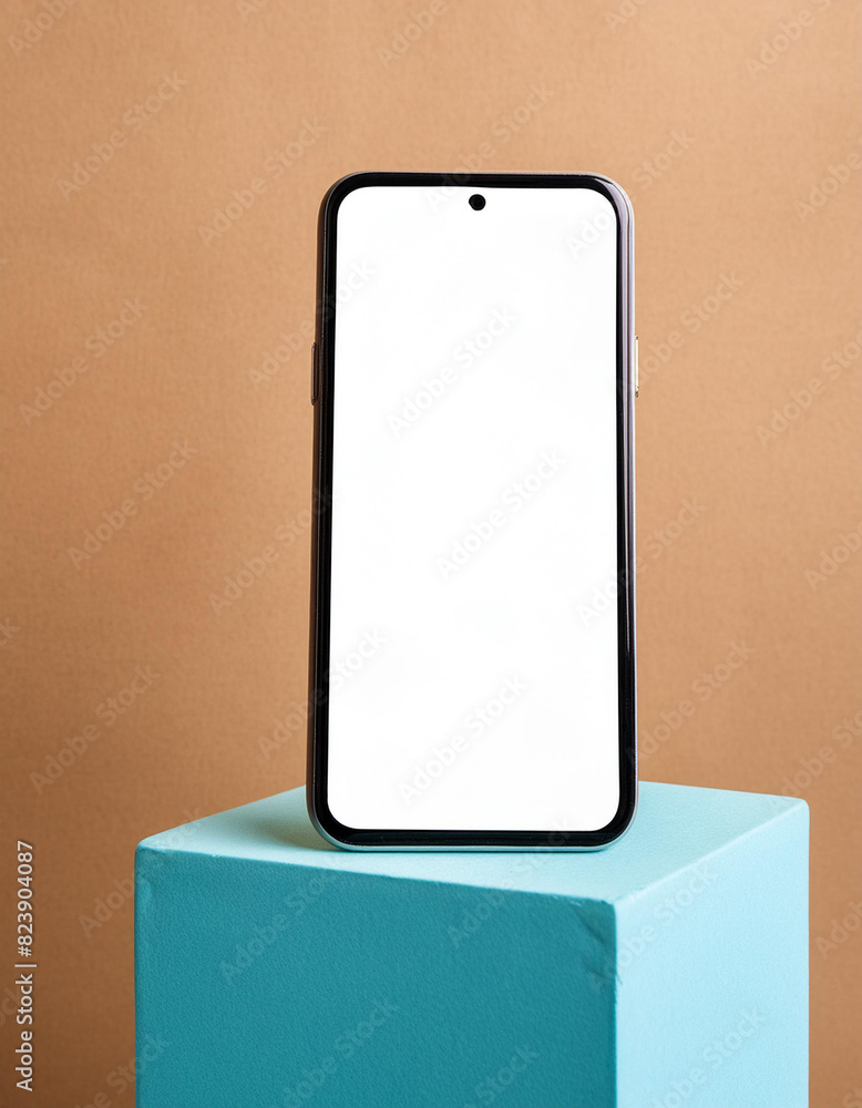Poster Mobile phone on cube podium for display of app - Mockup