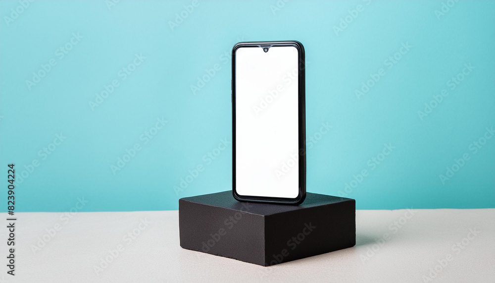 Poster Mobile phone on cube podium for display of app - Mockup