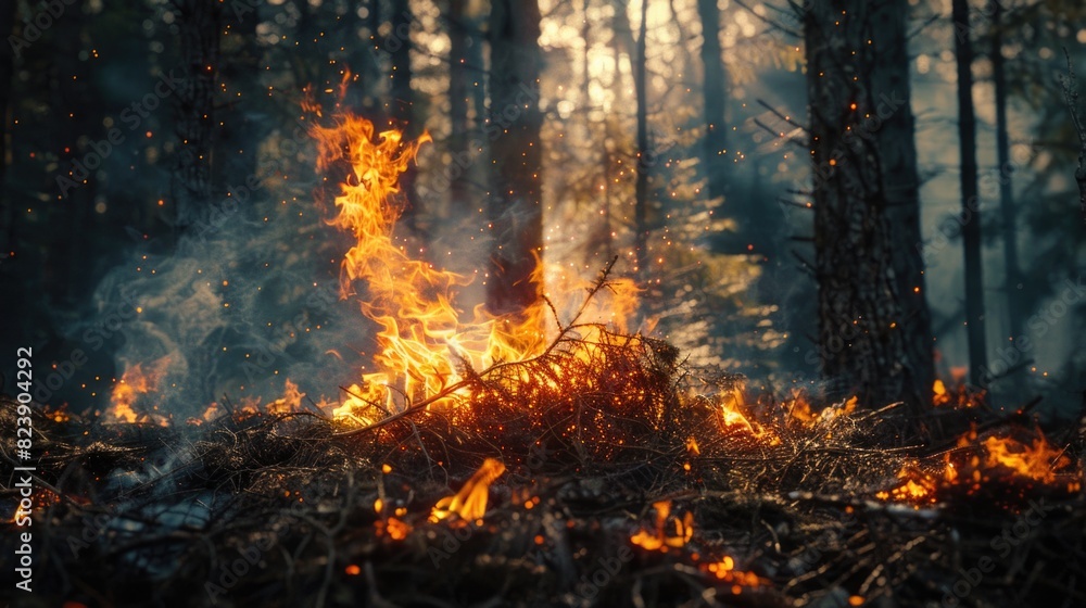 Poster a fire burning in the middle of a forest. suitable for environmental or disaster concepts
