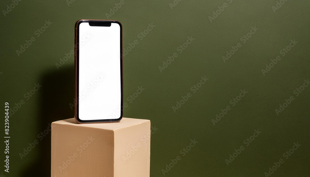 Poster Mobile phone on cube podium for display of app - Mockup