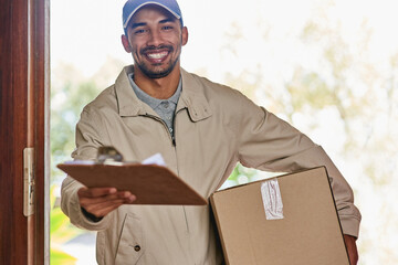 Box, clipboard and portrait of courier man at front door of home for delivery, ecommerce or...