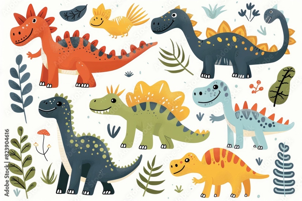 Poster a group of dinosaurs standing in a grassy field. suitable for educational materials or dinosaur enth