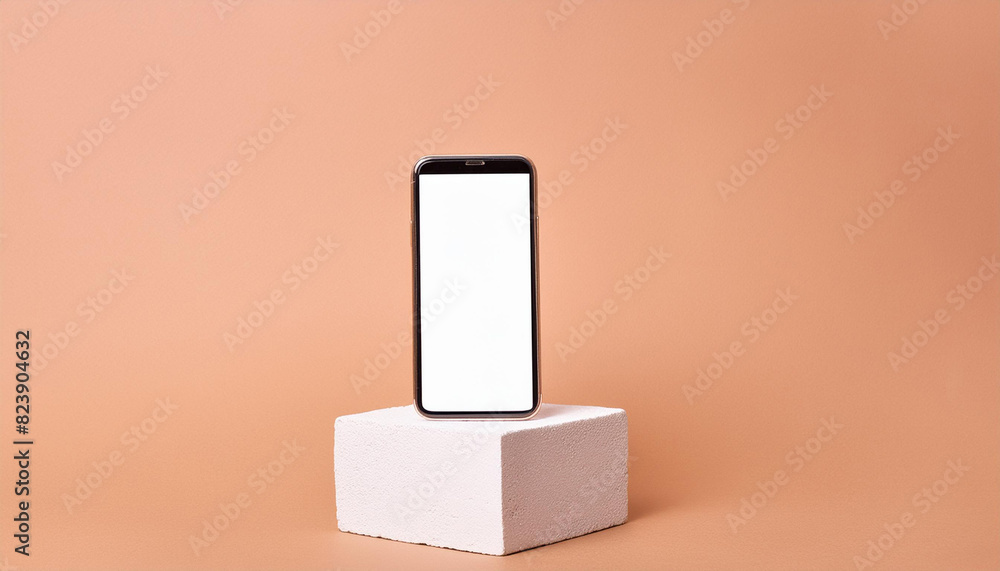 Poster Mobile phone on cube podium for display of app - Mockup