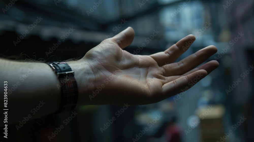 Poster A person holding their hand out in the air. Suitable for various concepts