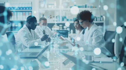 Vaccine Development Meeting with Diverse Scientists Brainstorming with Digital Tablets in a Modern Laboratory Setting