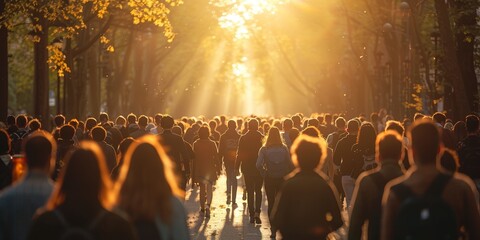 A large gathering of people walking through a sunlit tree-lined pathway during golden hour, creating a warm and vibrant outdoor scene filled with natural beauty
