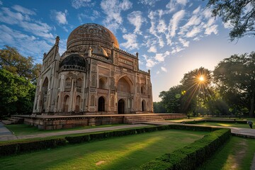 India with the setting sun casting long shadows across its ornate domes and green gardens
