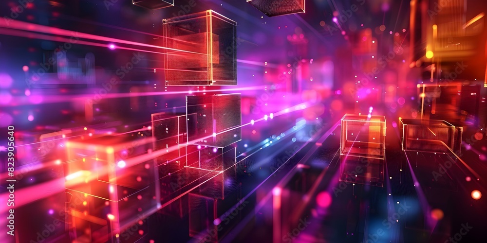 Poster exploring futuristic d pixel art in abstract digital voxel cubes within virtual space. concept digit