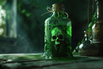 A green bottle with a skull inside, suitable for Halloween themes