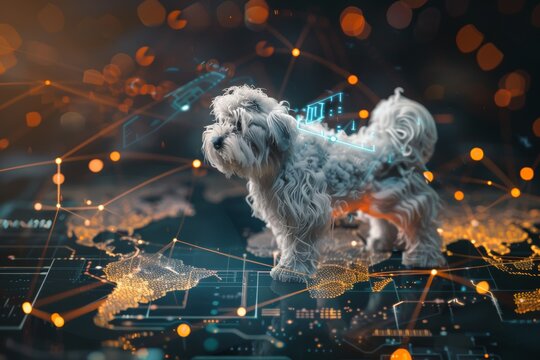 Digital Canine Superhero on Global Map - Symbolizing Global Protection and Connectivity - Powered by Adobe