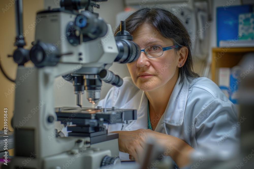 Poster woman in lab coat examining through microscope. suitable for scientific concepts
