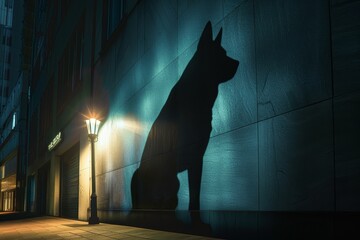 Conceptual Art of Superhero Dog Shadow by Street Light in Urban Night Cityscape