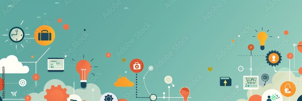 Poster creative workspace with floating elements - artistic business-themed banner showing a workspace with