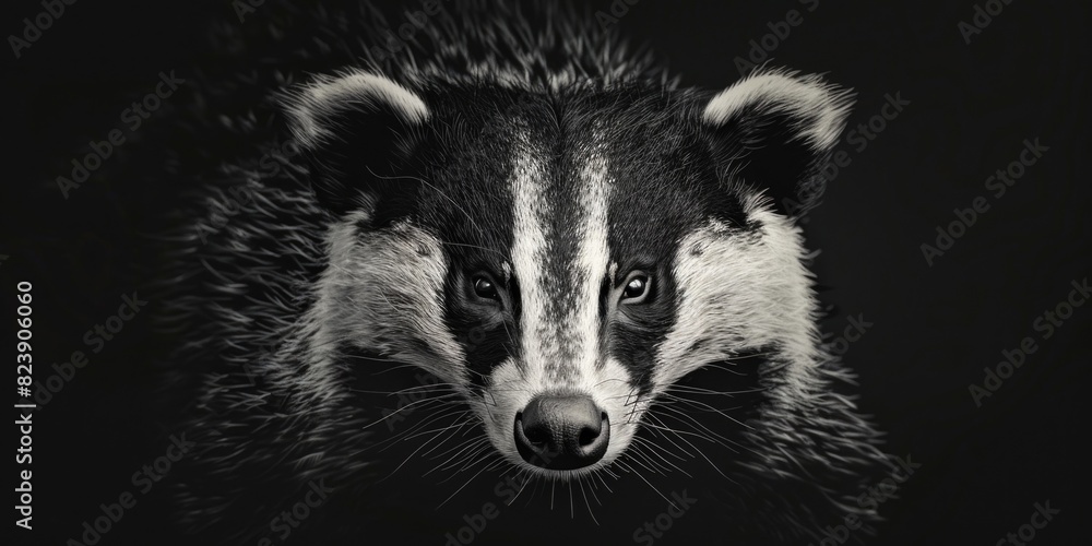 Poster close-up image of a badger in black and white. suitable for wildlife publications