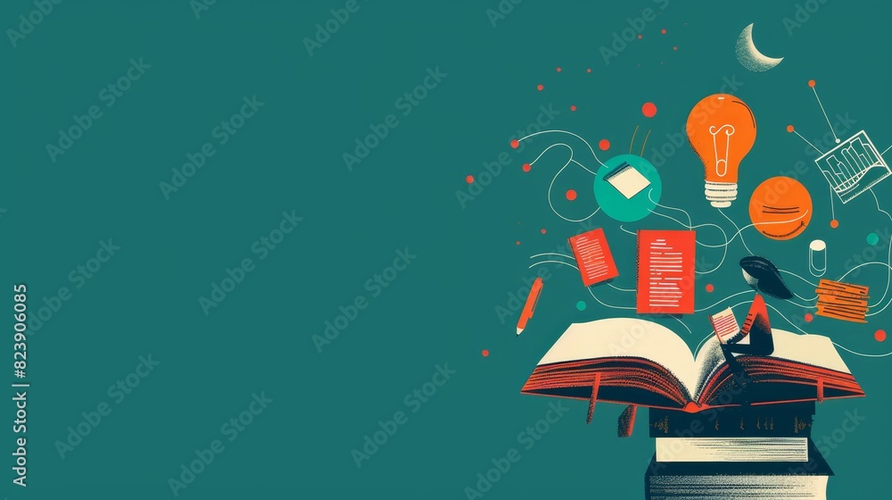 Poster creative illustration over open book - artistic rendering of an open book with vibrant illustrations