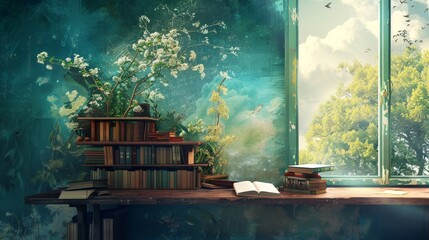 Dreamy study space with floating books - Artistic and dreamy study space design with floating books and plants in serene setting