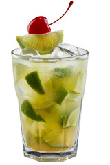 Refreshing alcoholic cocktails in clear glasses with ice and various decorations