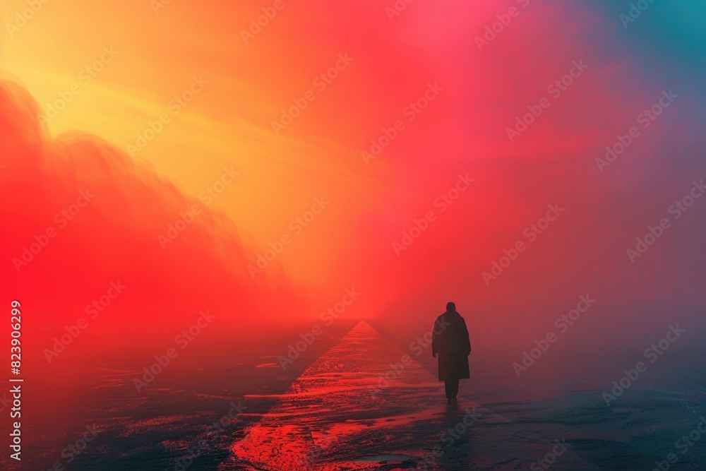 Aufkleber a person standing on a pier in the fog. suitable for atmospheric and mysterious concepts