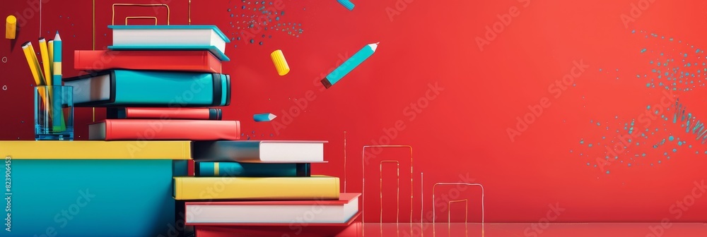 Poster Vibrant stack of books with flying elements - Creative and colorful presentation of a stack of books with flying elements on a vibrant red background