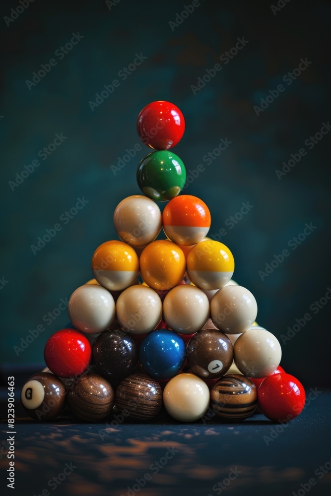 Poster colorful balls arranged in a pyramid on a table, suitable for various projects