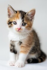Obraz premium A cute kitten with black, white, and orange fur is sitting on a white surface