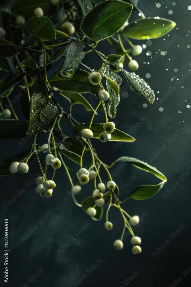 Poster A bunch of mist hanging from a tree branch. Suitable for nature and weather concepts