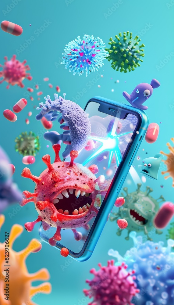 Poster playful mobile hygiene app animation zapping germs with virtual hygiene beam for fun and engaging de