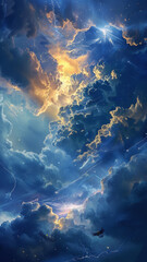 Obraz premium Sunbeams piercing through dynamic clouds - Ethereal sunlight breaks through dynamic clouds with birds gliding gracefully