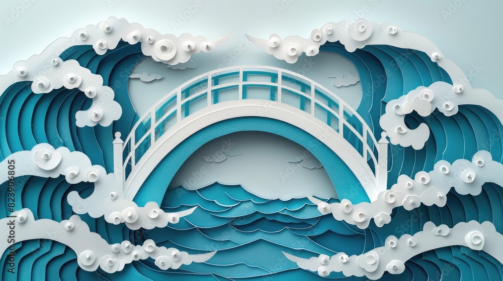 Poster a dynamic illustration of a white bridge arching over turbulent waves, surrounded by swirling clouds