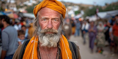 An elderly man wearing a vibrant orange turban and traditional attire stands in a bustling market filled with people, capturing a vivid cultural scene