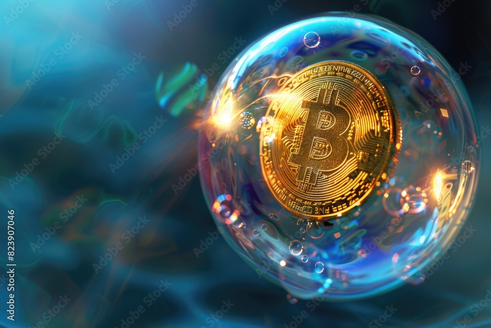 Poster A unique golden bitcoin floating inside a transparent bubble. Ideal for illustrating cryptocurrency concepts