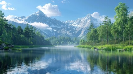 Tranquil Mountain Lake A Captivating D Rendering of Natures Peaceful Solitude