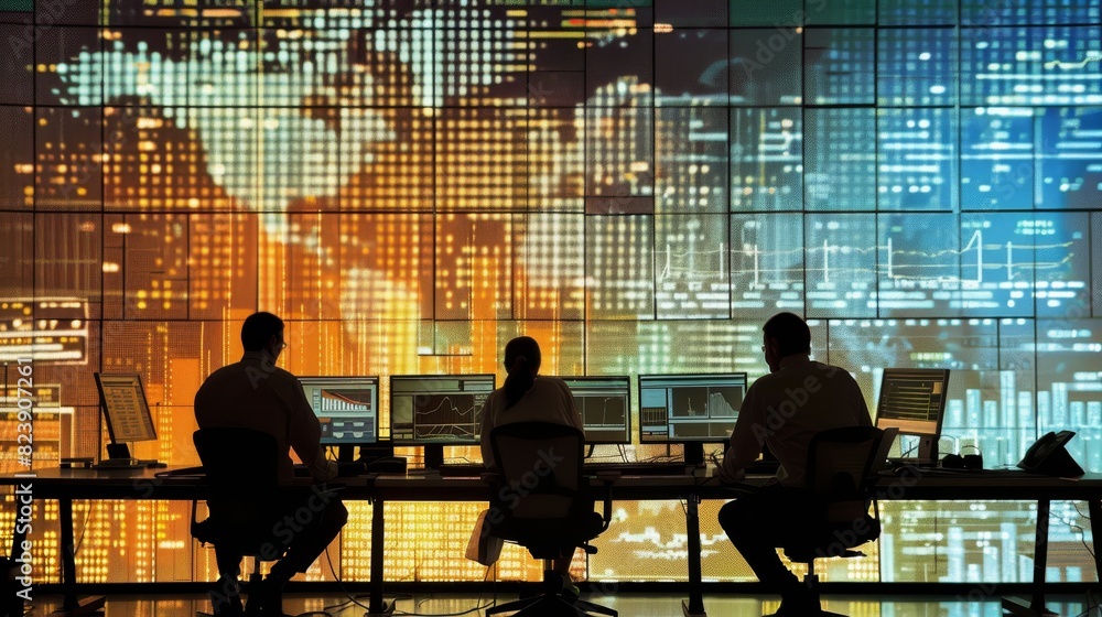 Poster silhouetted figures against data screens - silhouetted figures of people working in front of large s
