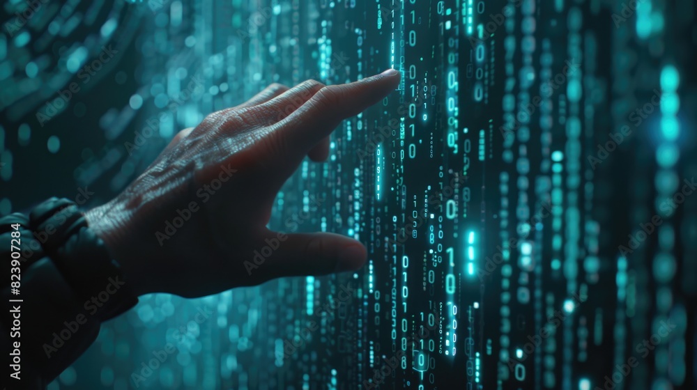 Poster a person's hand interacting with a digital screen. suitable for technology concepts